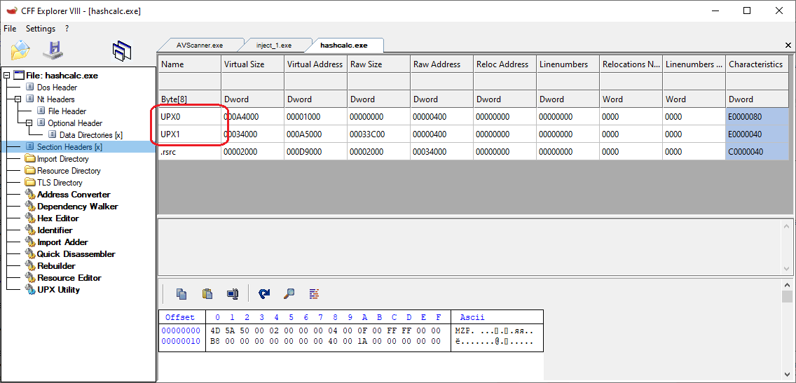 Секции UPX0 и UPX1 в запакованном файле